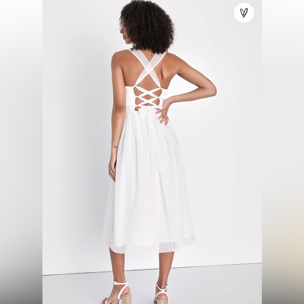🆕“Lulus” Twirling For You Ivory Lace-Up Bustier Tulle Midi Dress XLG - Picture 5 of 13